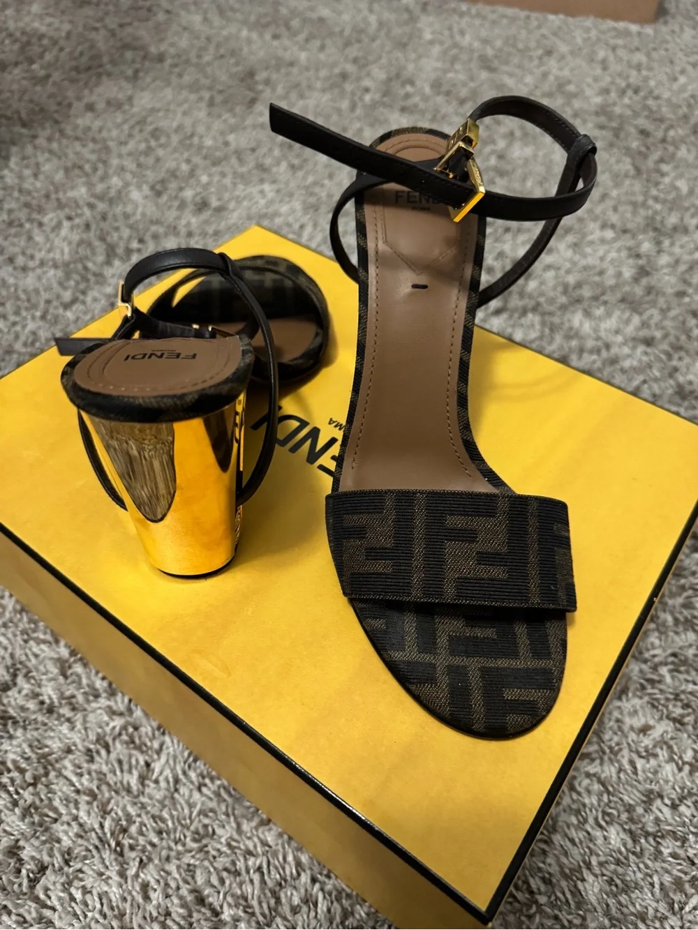 Fendi Black and Gold FF Logo Block Heel Sandals - Picture 2 of 4